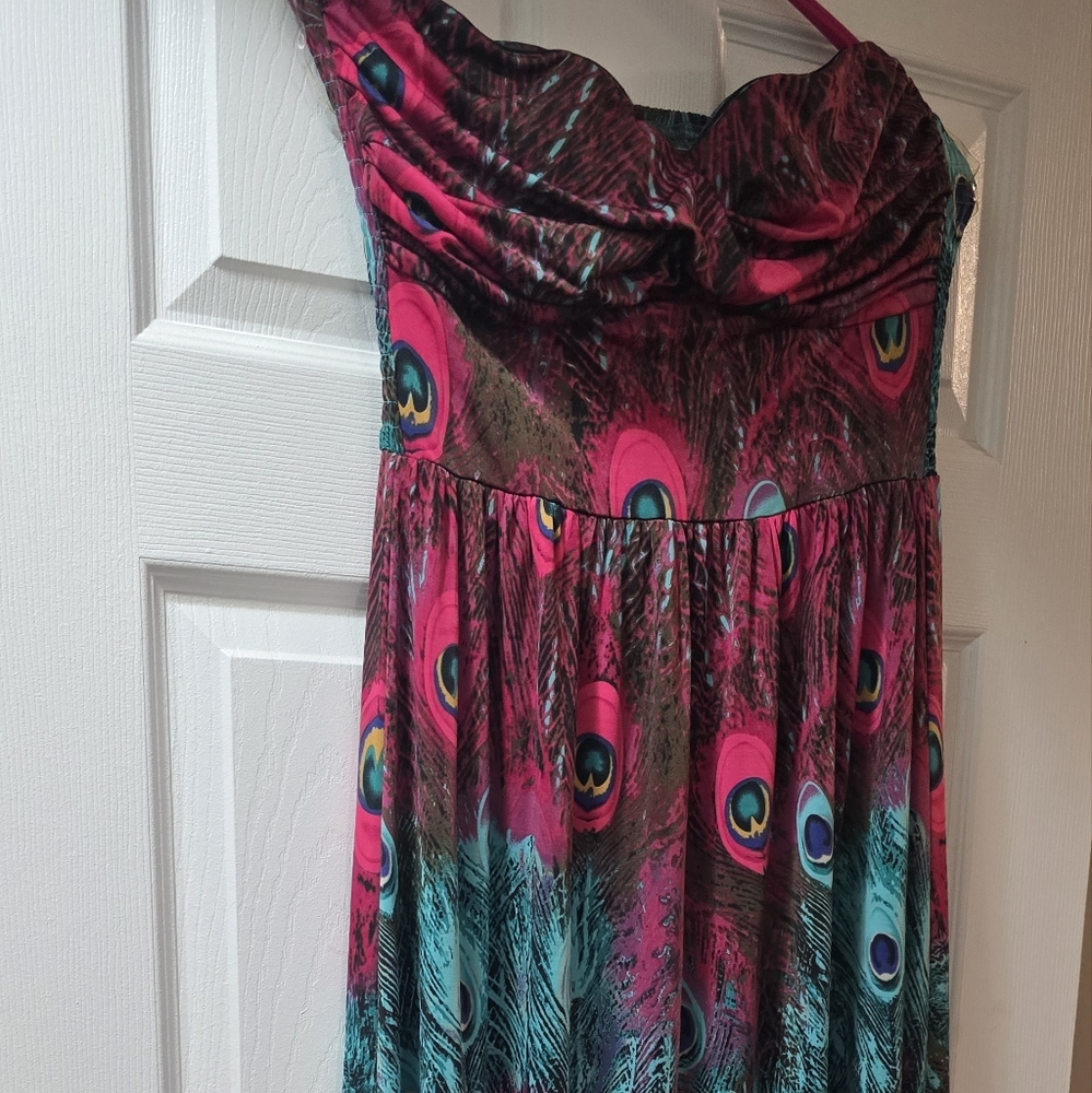 Peacock Print Pink and Blue Dress - Picture 2 of 2